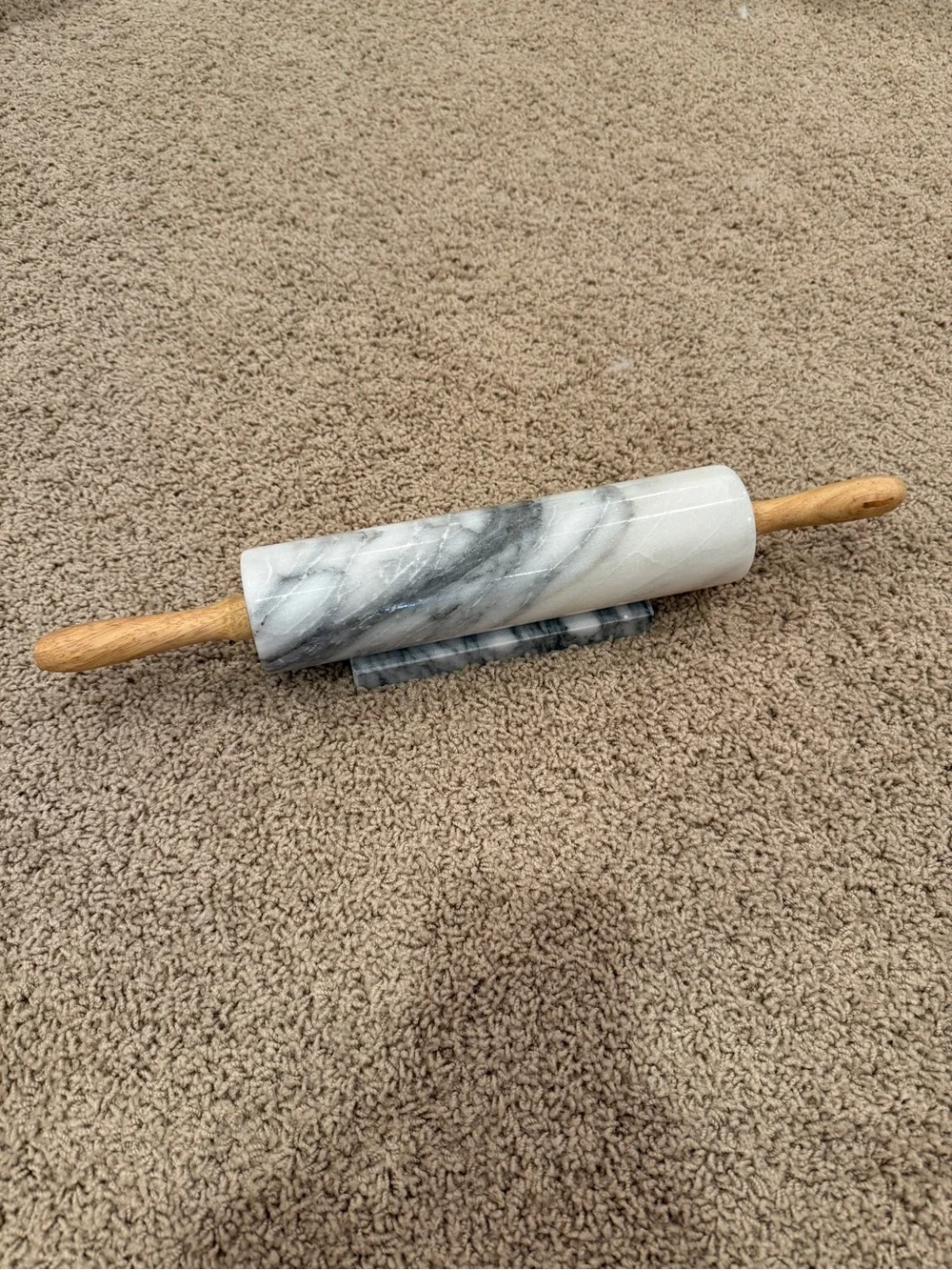 10” Marble Rolling Pin with Wooden Handles & Marble Resting Base